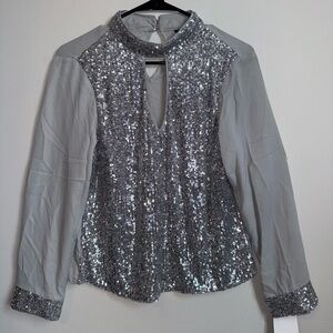 NEW Metropolis Silver Sequin Blouse Long Sleeve Party Top Size S